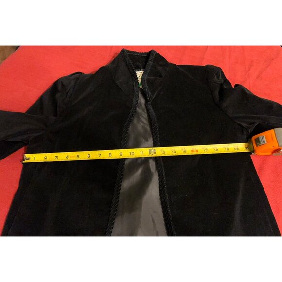 Vintage Black Velvet  Jacket Sz 11/12 Open  Front Braided Trim Lined Blazer Form - Picture 3 of 15